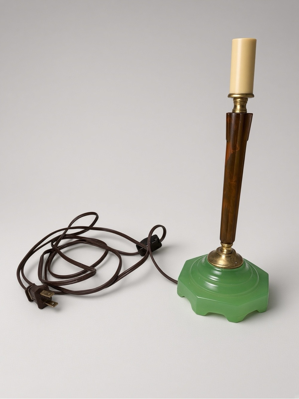 Vintage 1930s Art Deco Jadeite Green Glass Candlestick Lamp | Bakelite Stem